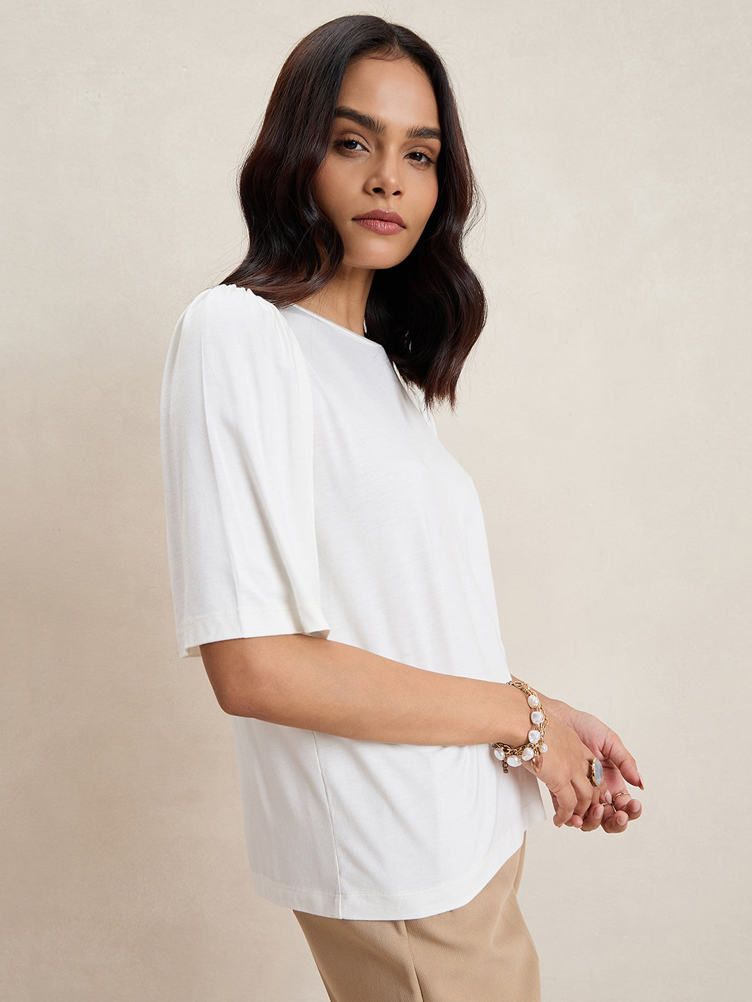 White Knit Swing Sleeves Top