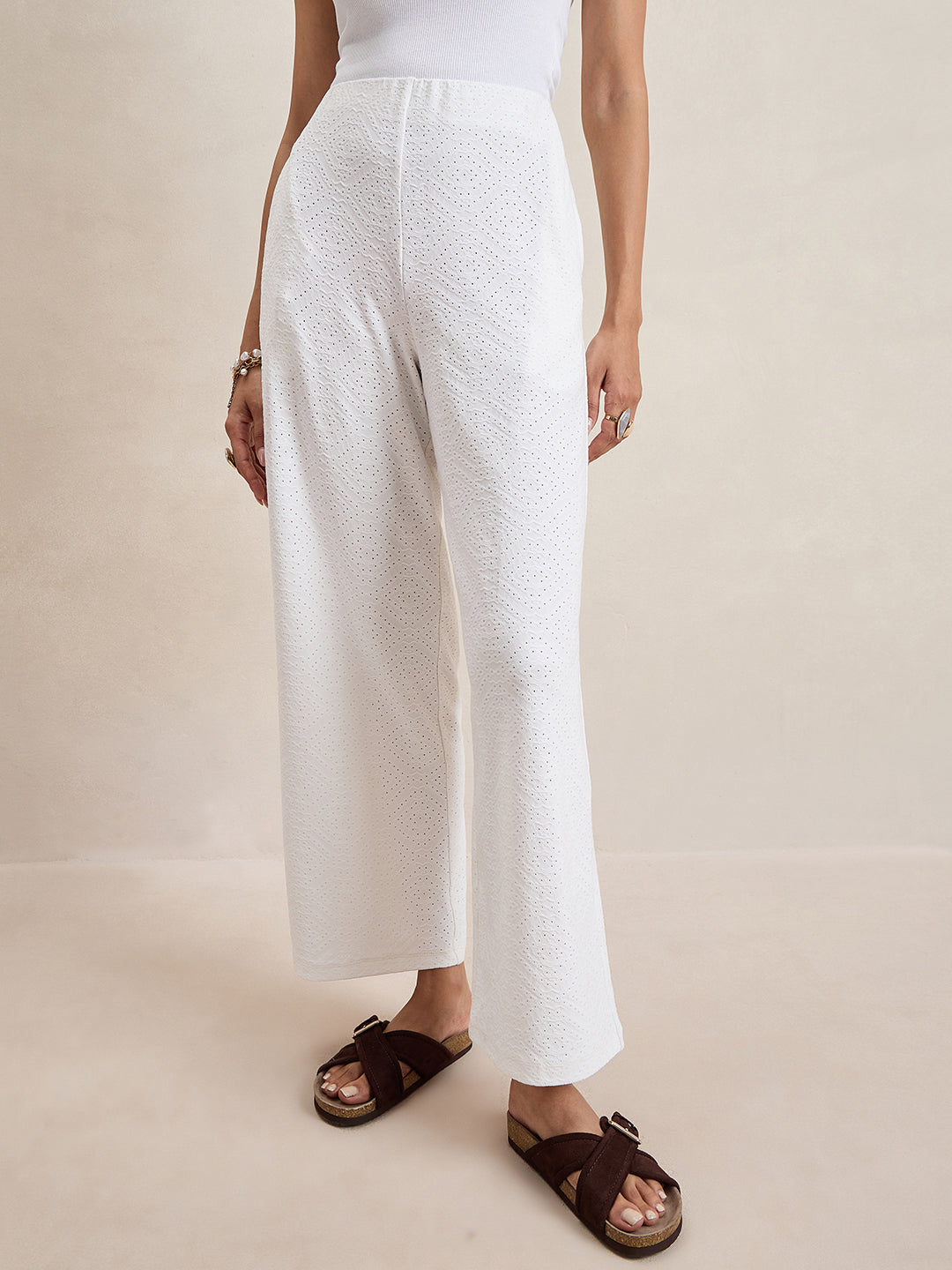 White Knitted Schiffli Straight Pant