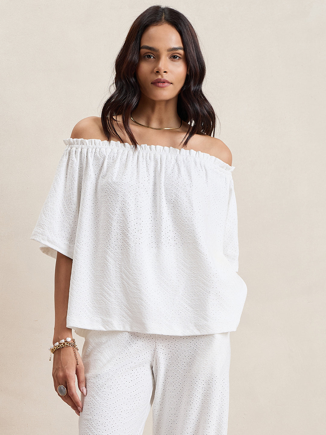 White Knitted Schiffli Off-Shoulder Top