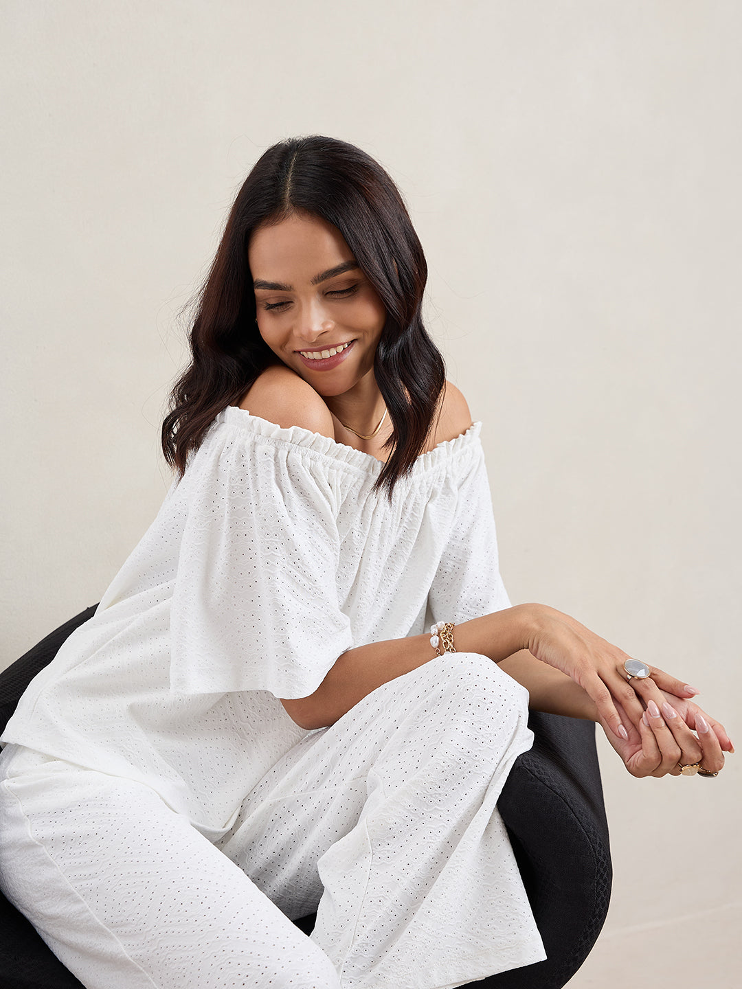 White Knitted Schiffli Off-Shoulder Top