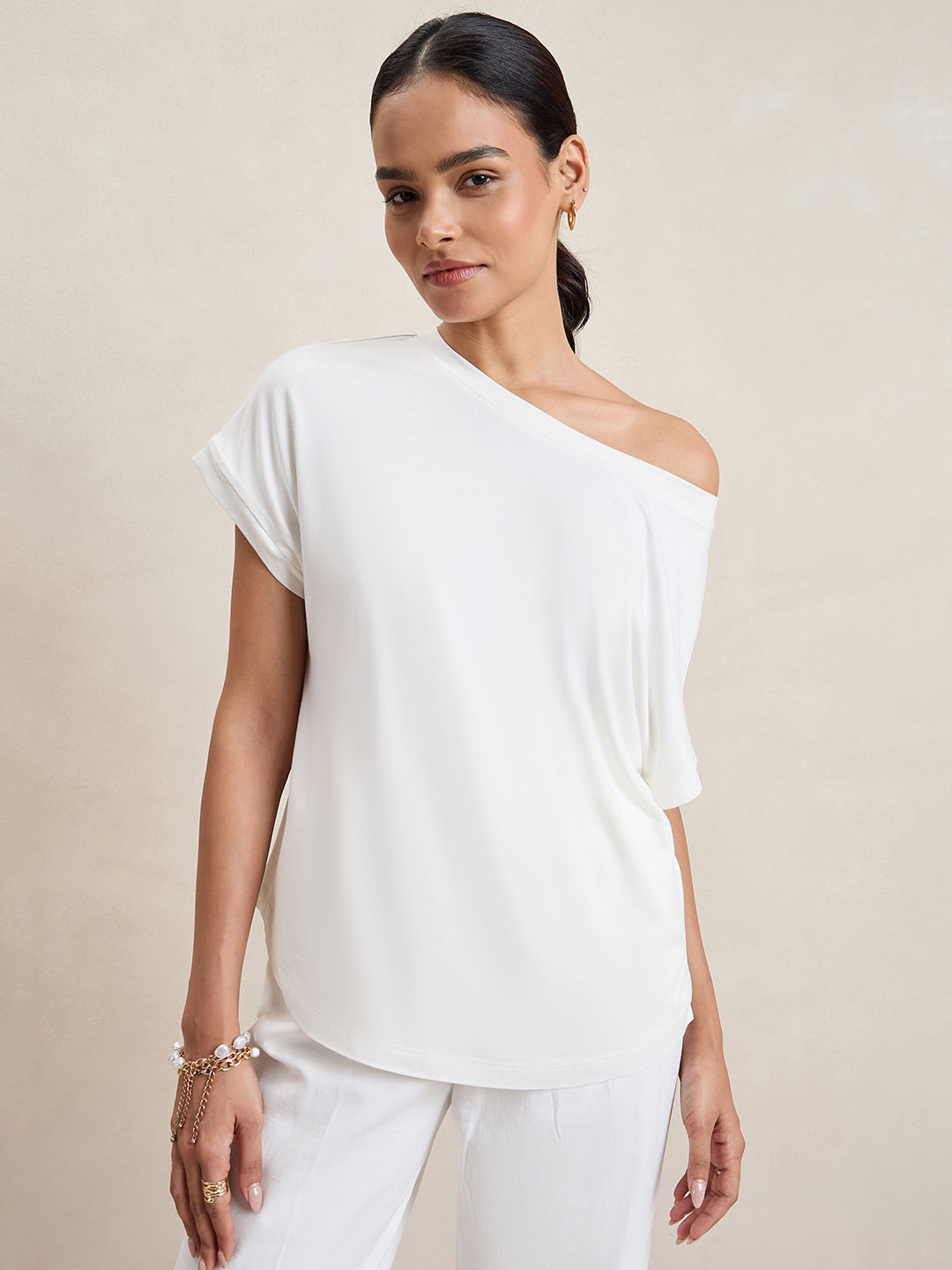 Bamboo White Knit Off Shoulder Top