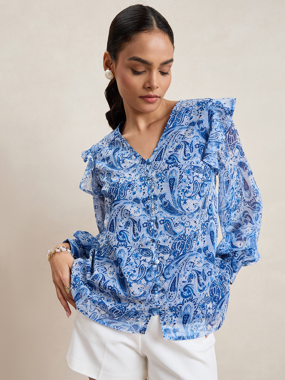 Blue And White Paisley Print Button Down Top