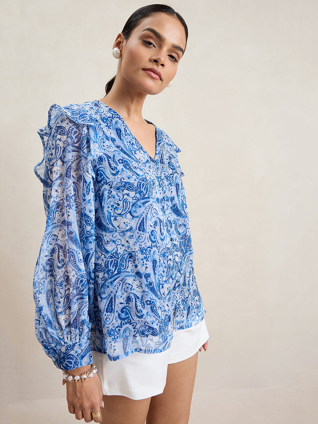 Blue And White Paisley Print Button Down Top