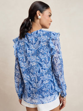 Blue And White Paisley Print Button Down Top