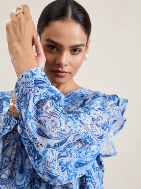 Blue And White Paisley Print Button Down Top