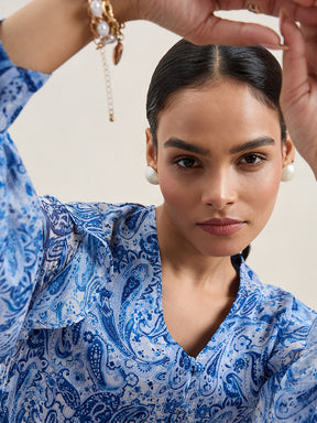 Blue And White Paisley Print Button Down Top