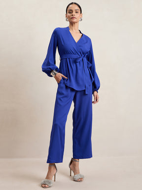 Blue Solid Wrap Co-Ord Set