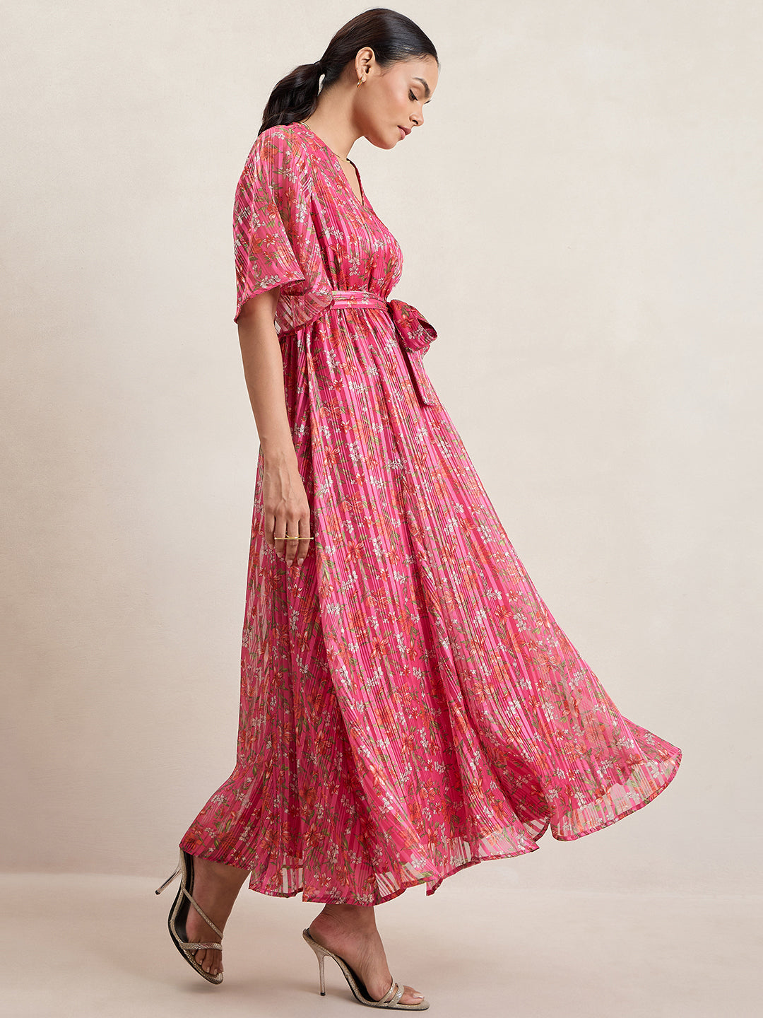 Pink Floral Print Wrap Maxi Dress