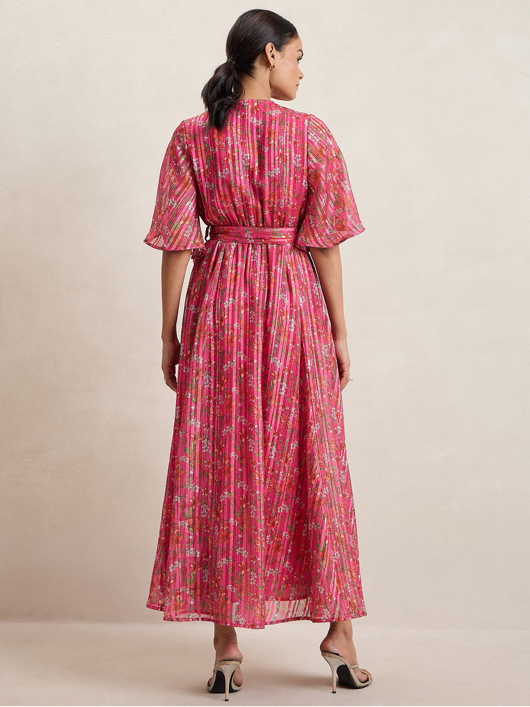 Pink Floral Print Wrap Maxi Dress