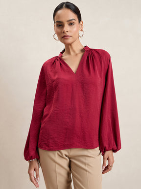 Maroon Satin V-Neck Top