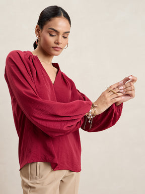 Maroon Satin V-Neck Top