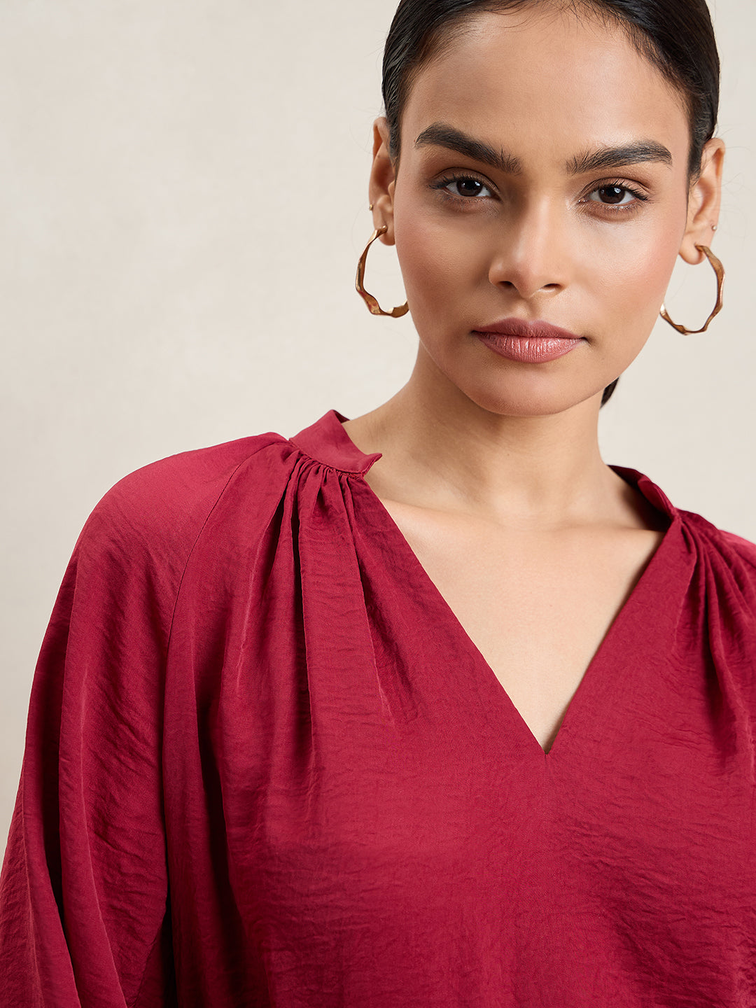 Maroon Satin V-Neck Top