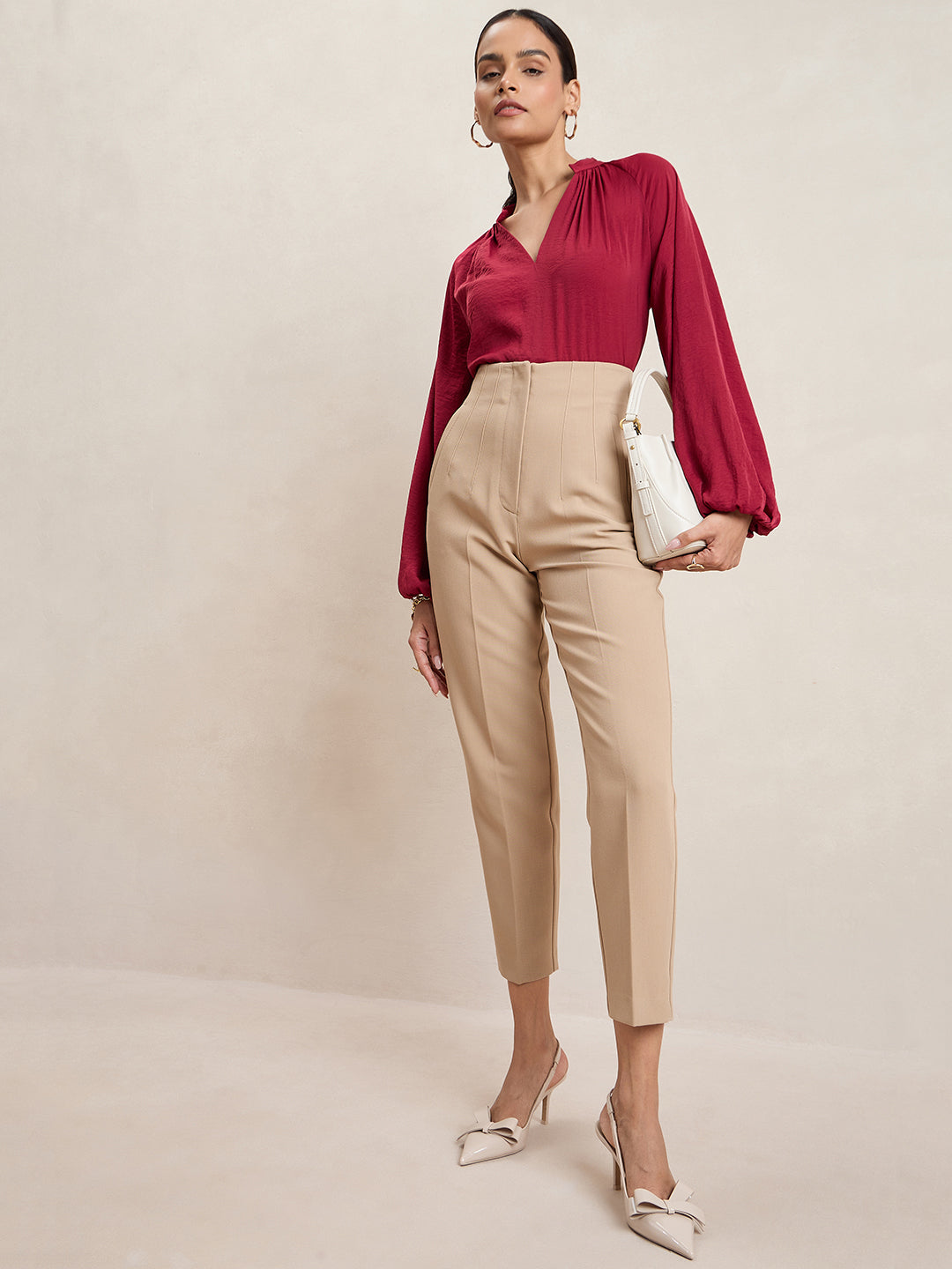 Maroon Satin V-Neck Top