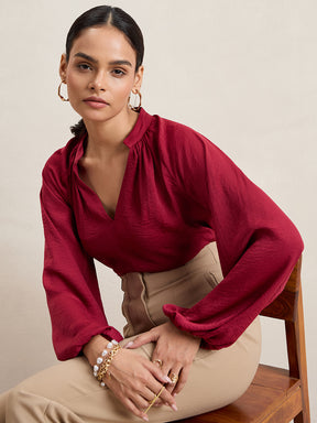 Maroon Satin V-Neck Top