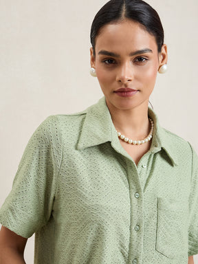 Pista Green Knitted Schiffli Button Down Shirt