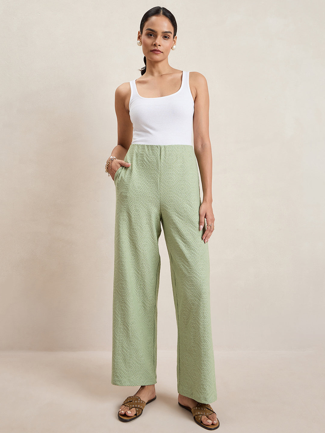 Pista Green Knitted Schiffli Straight Pant