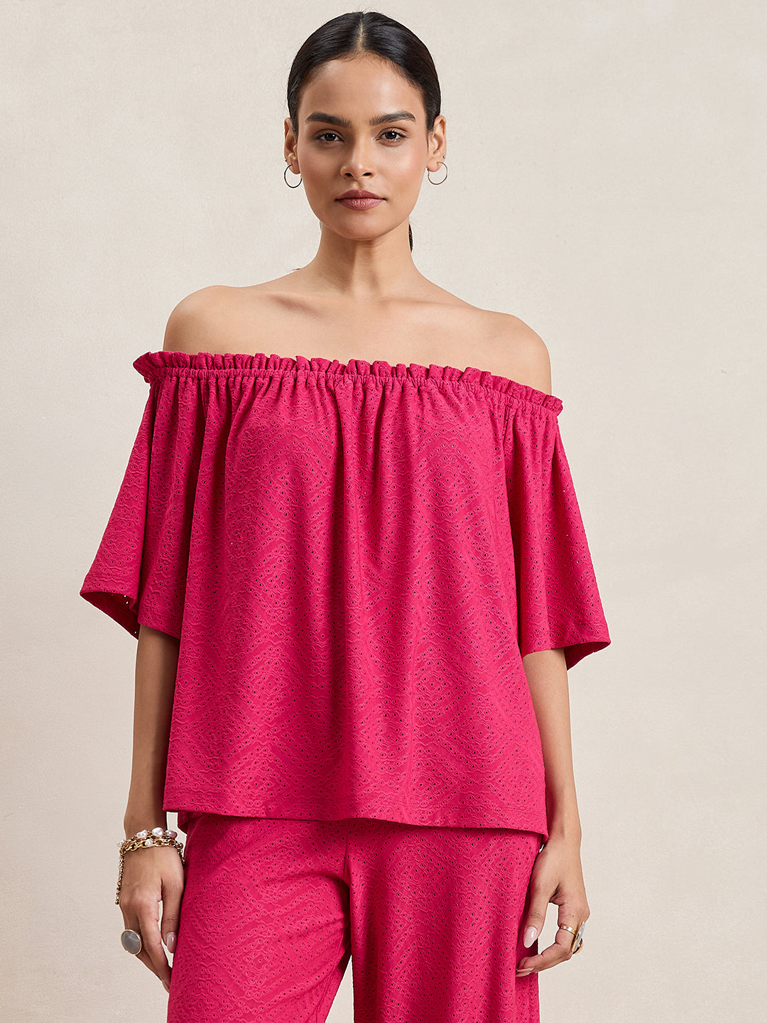 Pink Knitted Schiffli Off-Shoulder Top