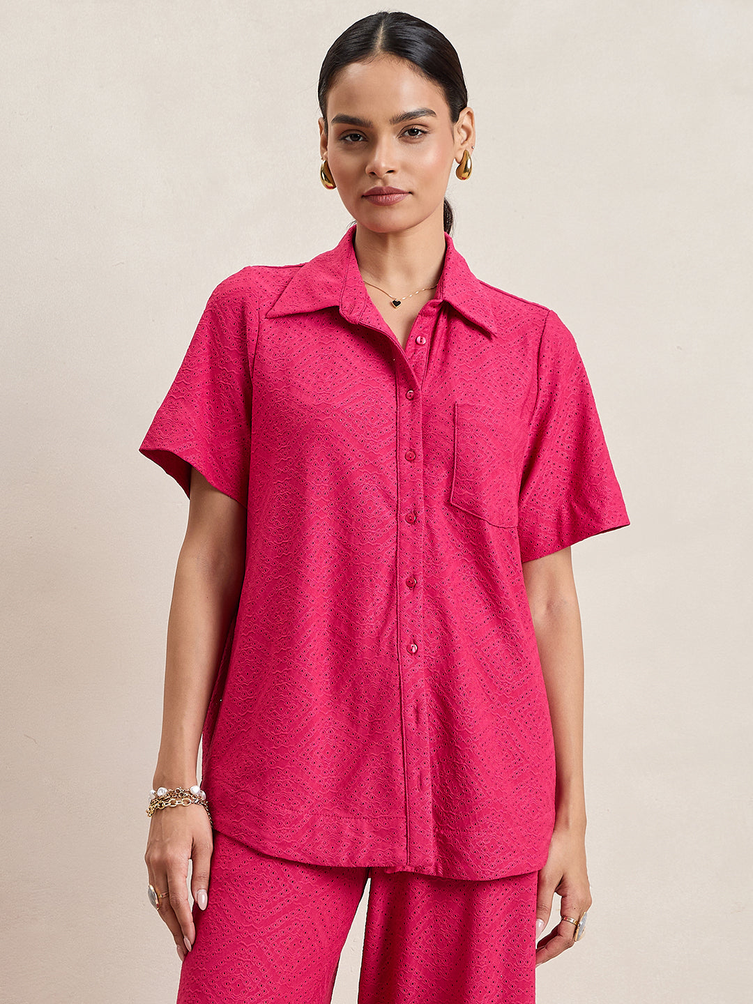 Pink Knitted Schiffli Button Down Shirt