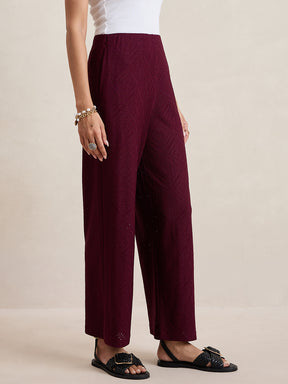 Wine Knitted Schiffli Straight Pant