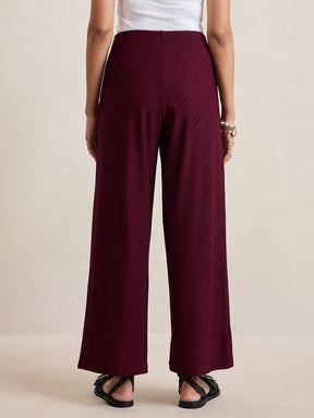 Wine Knitted Schiffli Straight Pant