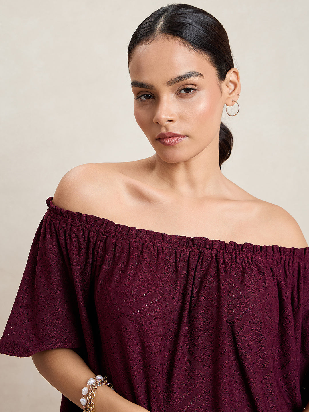 Wine Knitted Schiffli Off-Shoulder Top