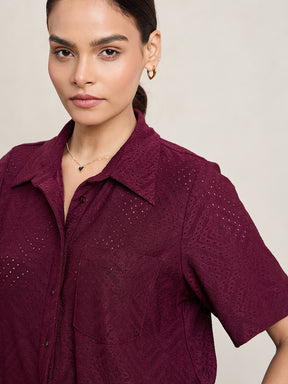 Wine Knitted Schiffli Button Down Shirt