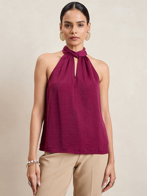 Wine Satin Twist Neck Halter Top