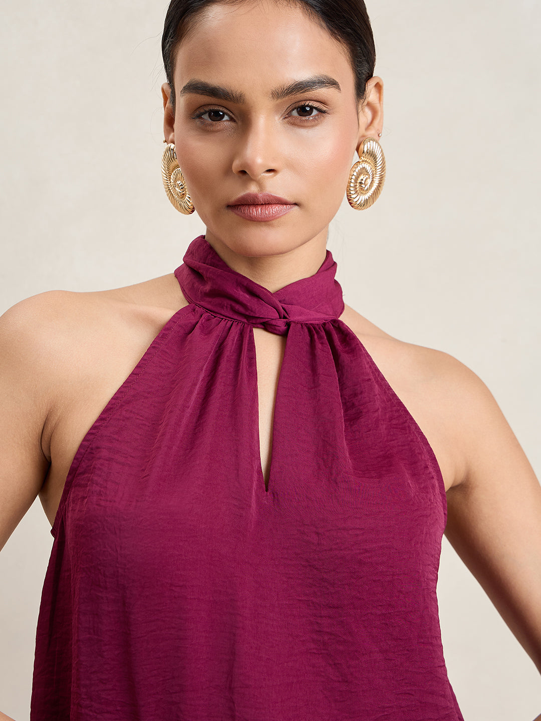 Wine Satin Twist Neck Halter Top