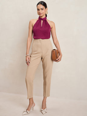 Wine Satin Twist Neck Halter Top