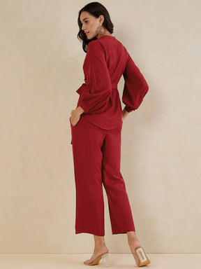 Red Solid Wrap Co-Ord Set