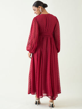 Deep Red Chevron Dobby Wrap Maxi Dress