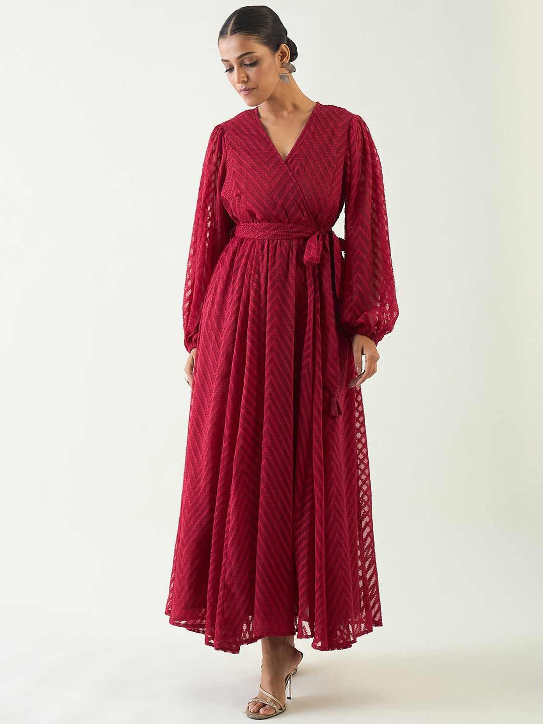 Deep Red Chevron Dobby Wrap Maxi Dress