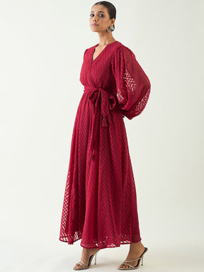 Deep Red Chevron Dobby Wrap Maxi Dress