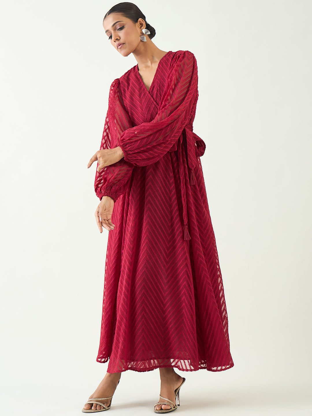 Deep Red Chevron Dobby Wrap Maxi Dress