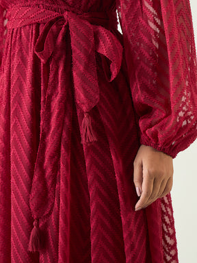 Deep Red Chevron Dobby Wrap Maxi Dress