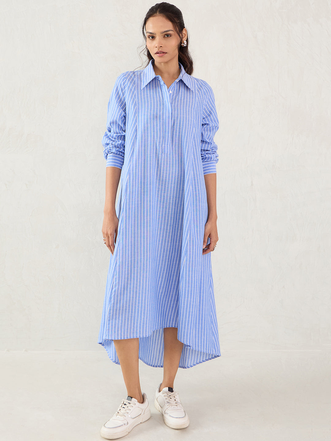 Blue Cotton Stripe Shirt Maxi Dress