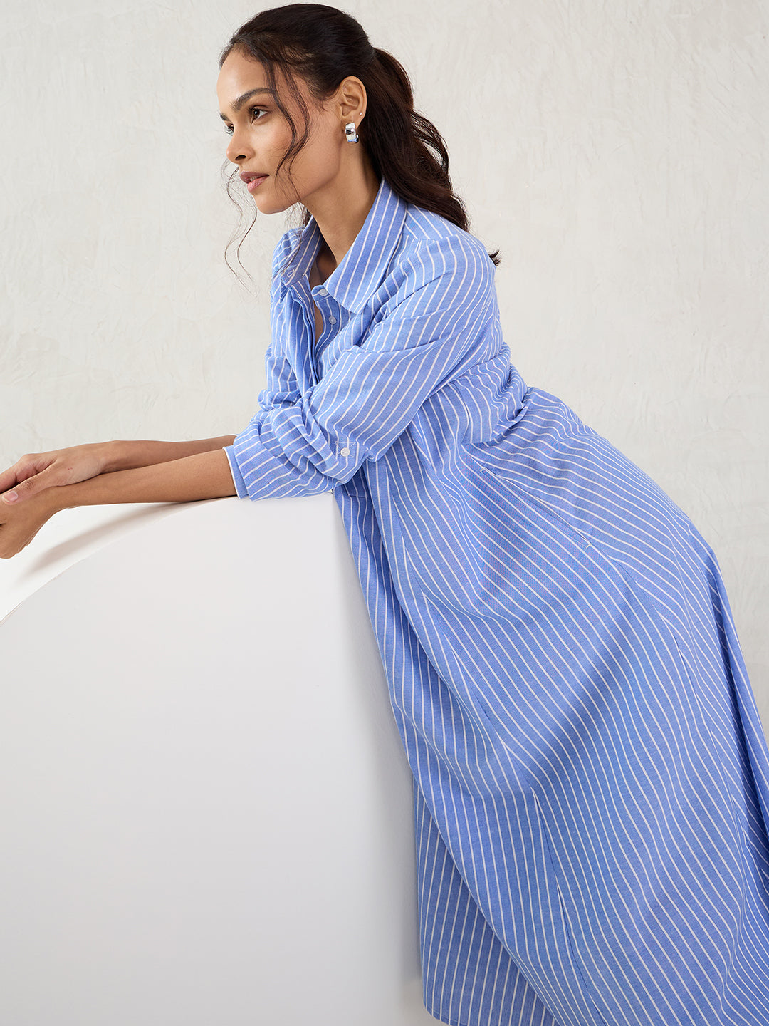 Blue Cotton Stripe Shirt Maxi Dress