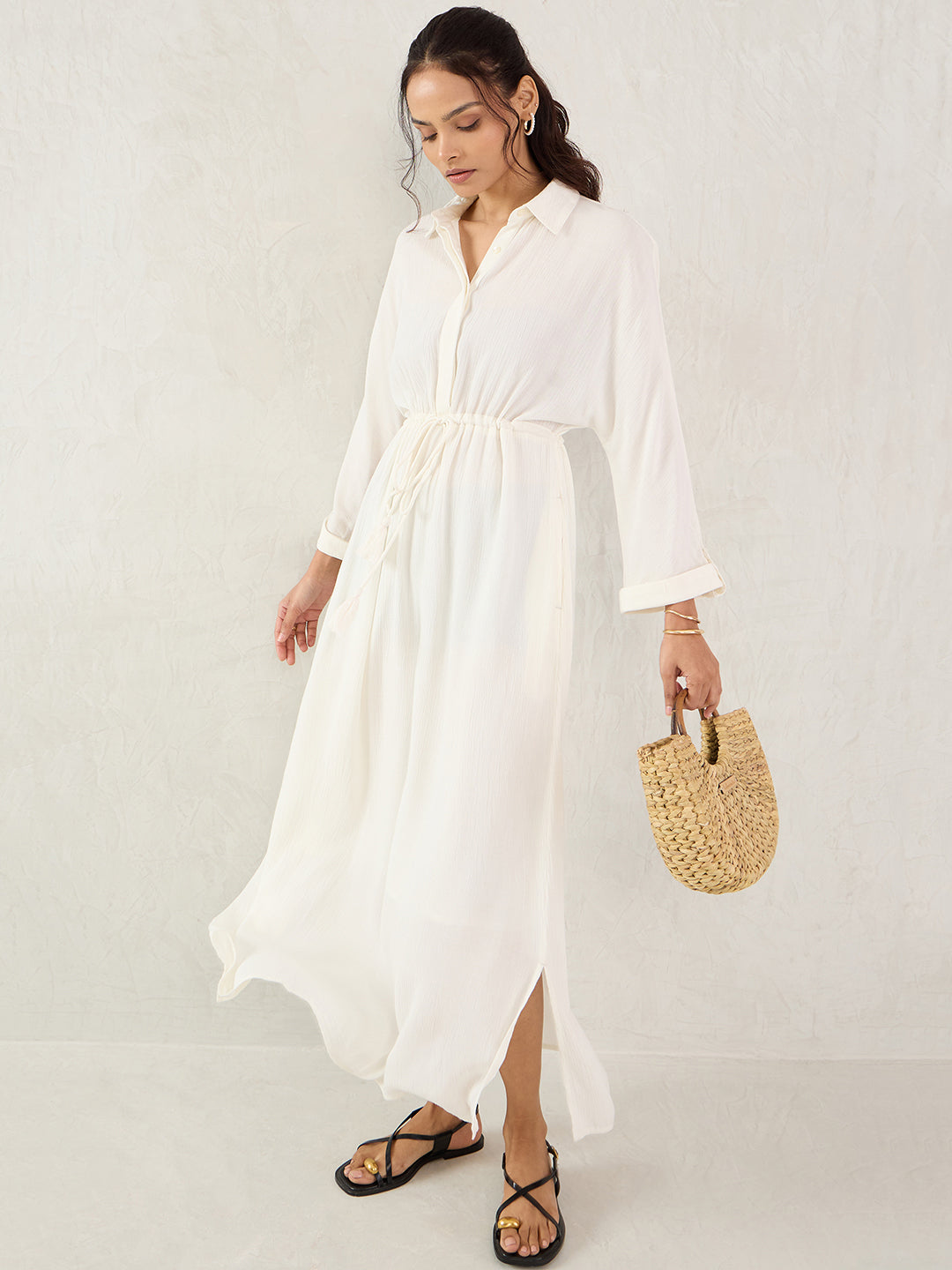 Off White Crinkled Shirt Maxi Dress