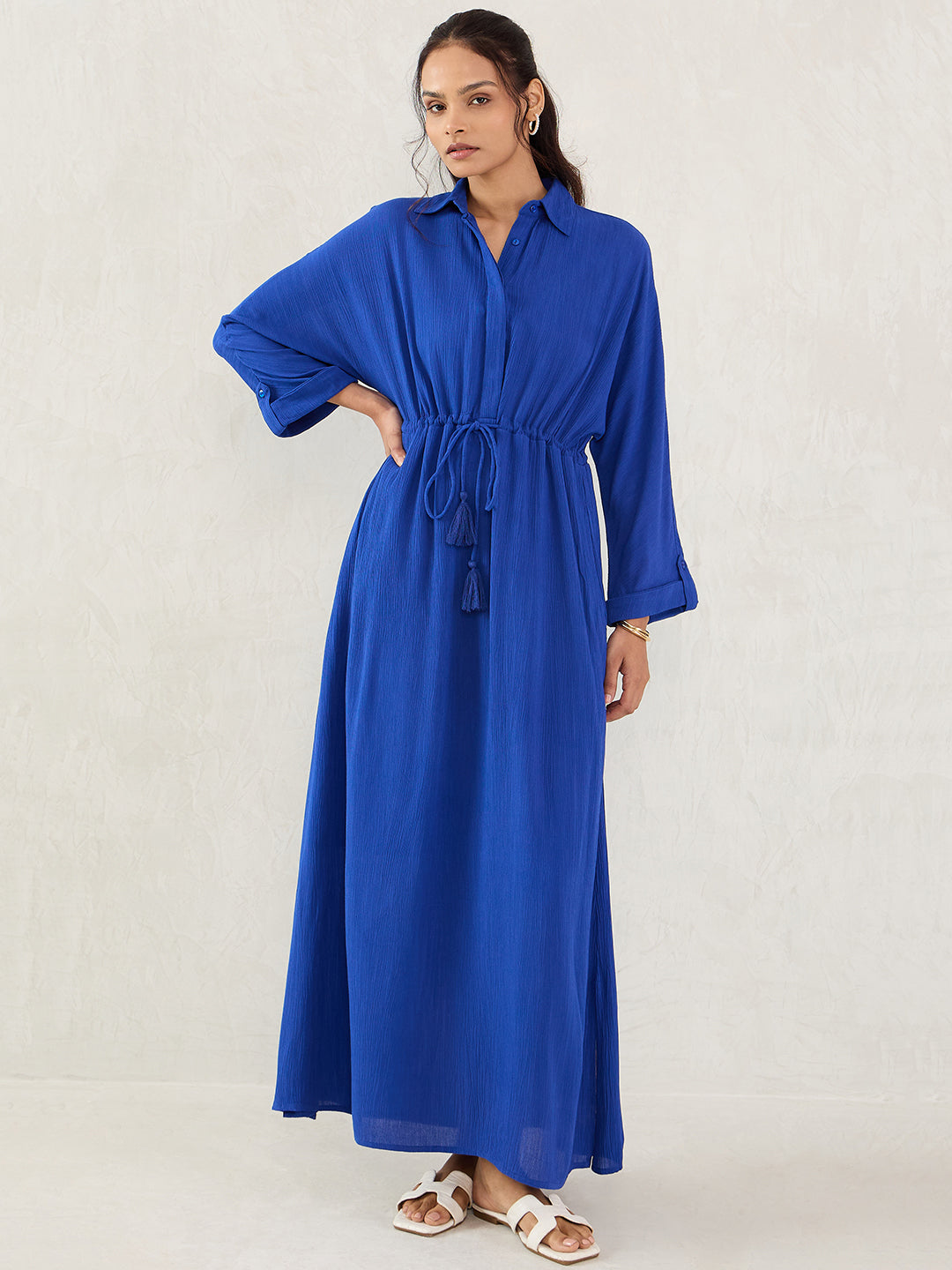 Royal Blue Crinkled Shirt Maxi Dress