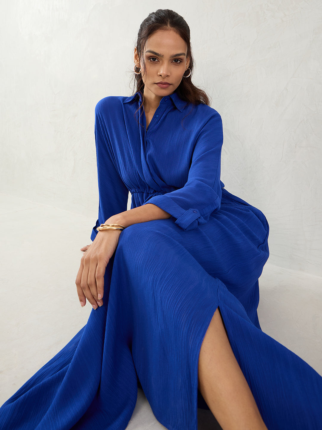 Royal Blue Crinkled Shirt Maxi Dress