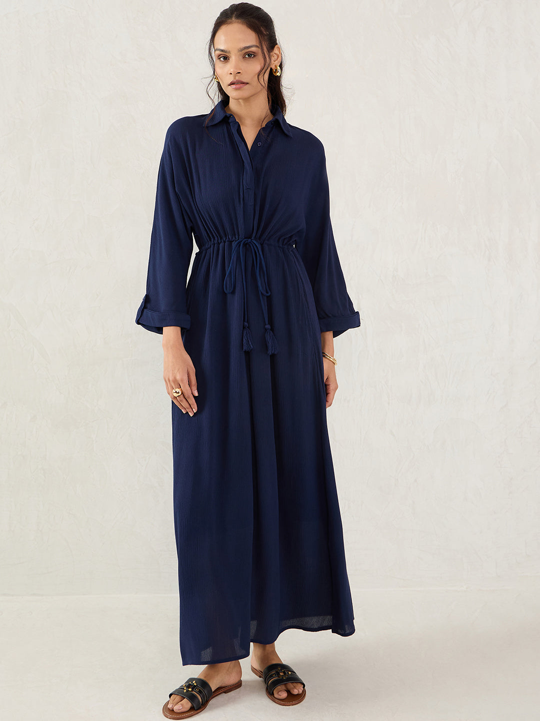 Midnight Blue Crinkled Shirt Maxi Dress