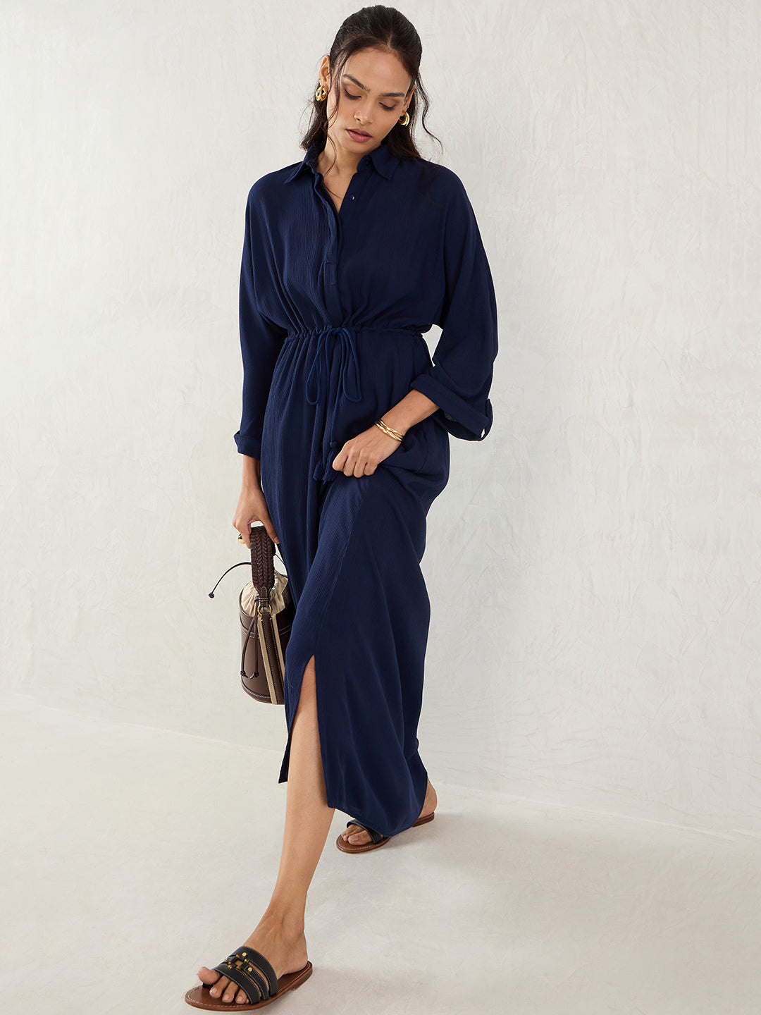 Midnight Blue Crinkled Shirt Maxi Dress