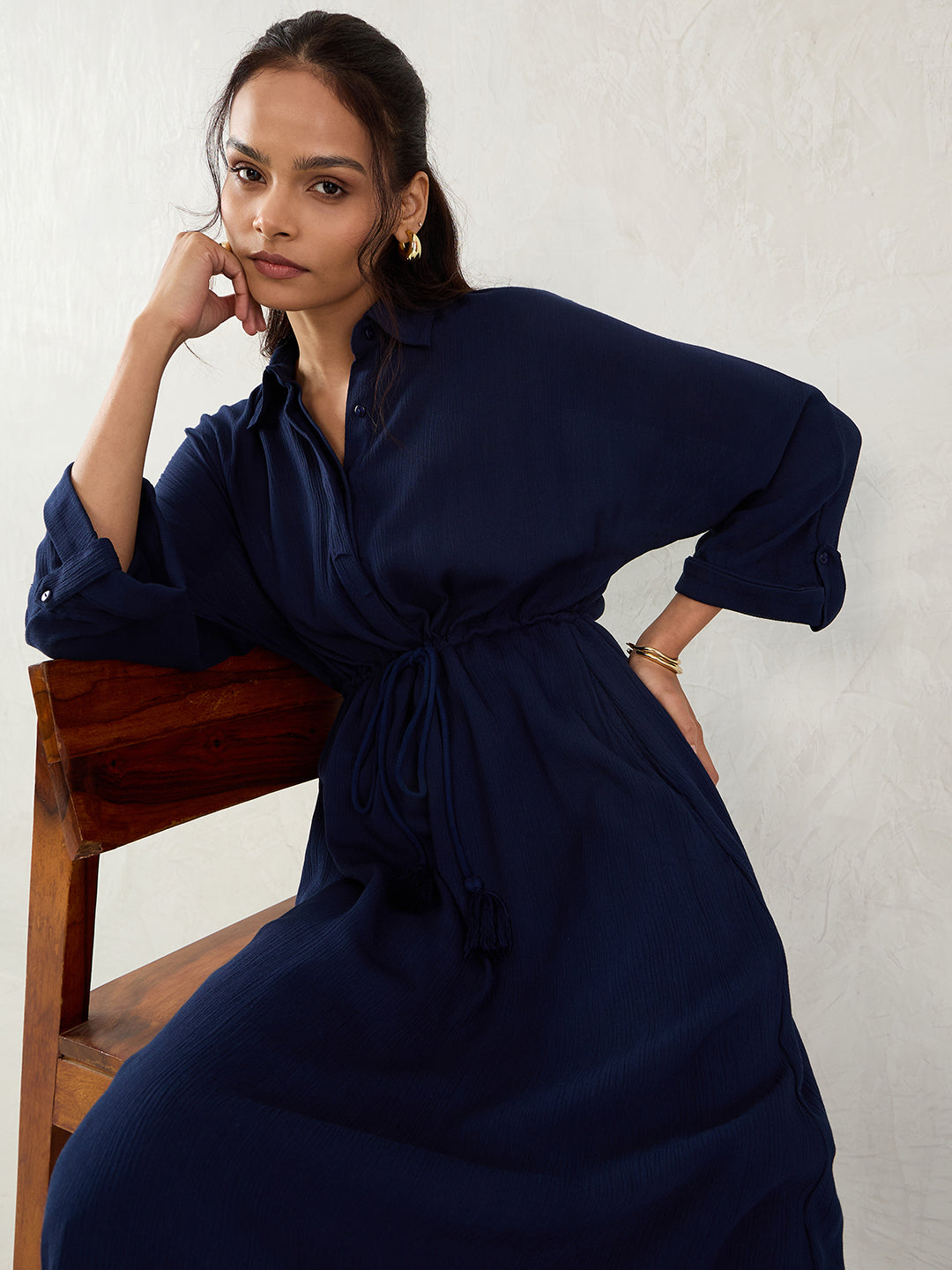 Midnight Blue Crinkled Shirt Maxi Dress