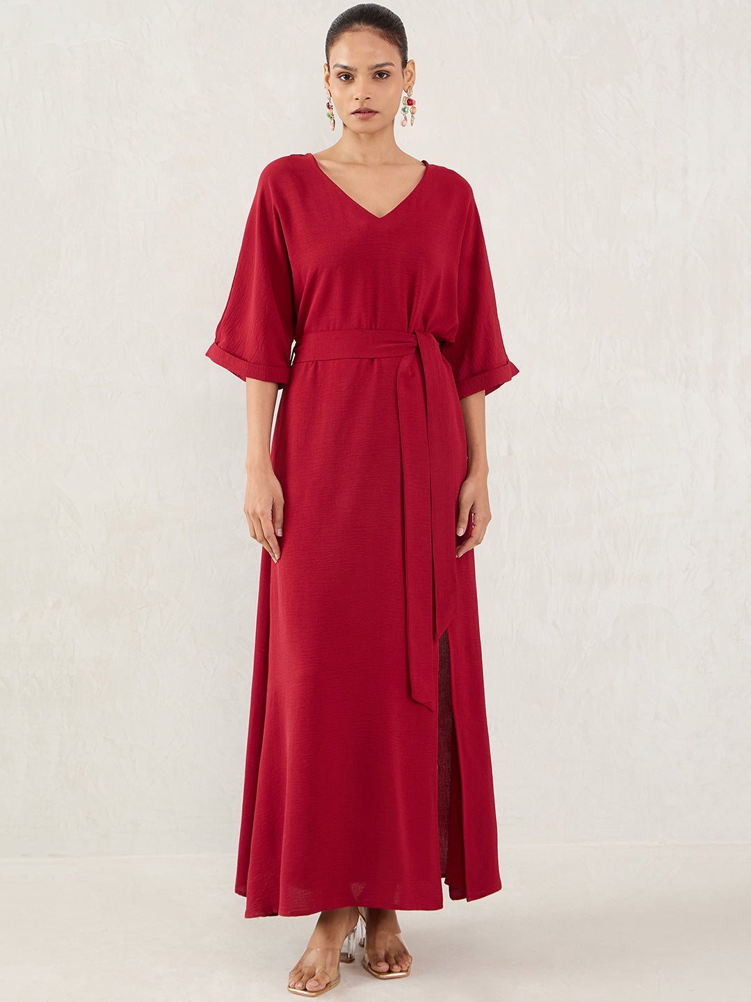 Maroon V-Neck Slit Detailed Maxi Dress