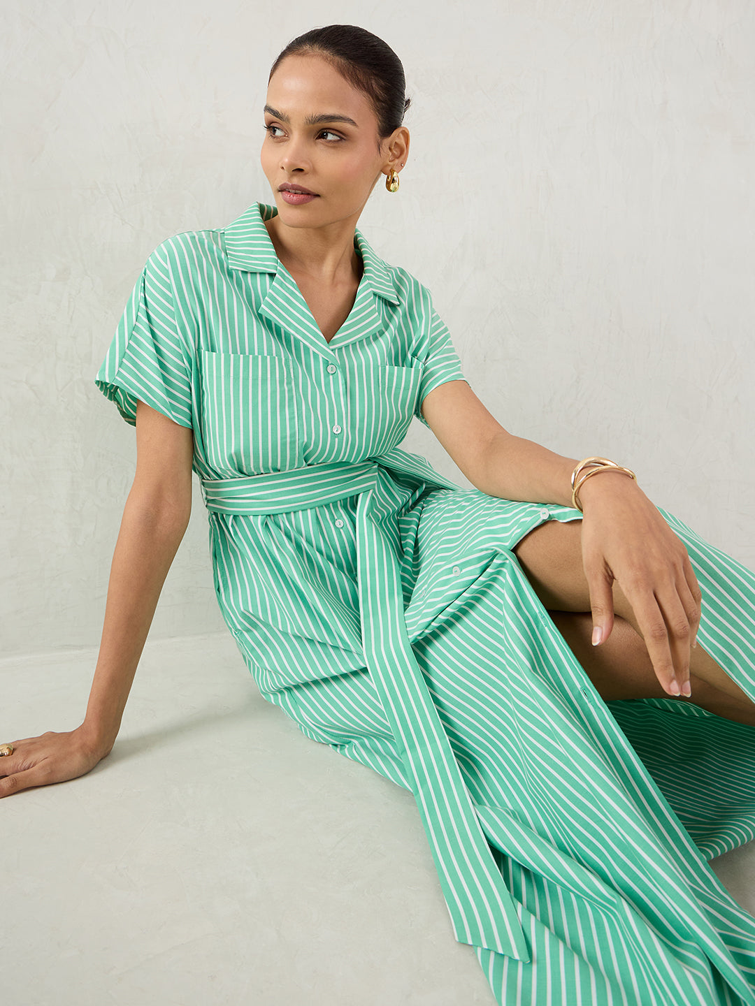 Green Stripe Button Down Maxi Dress