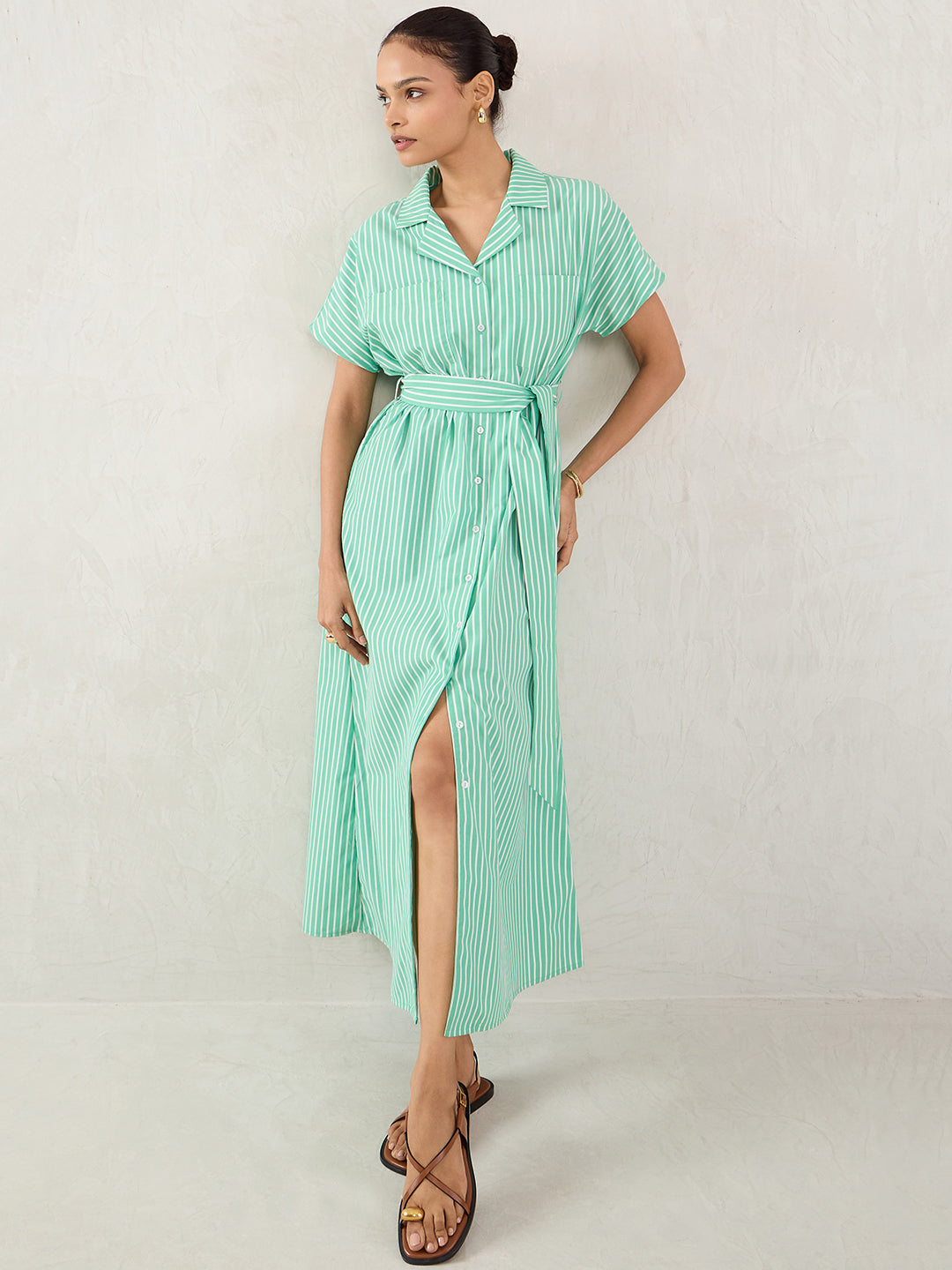 Green Stripe Button Down Maxi Dress