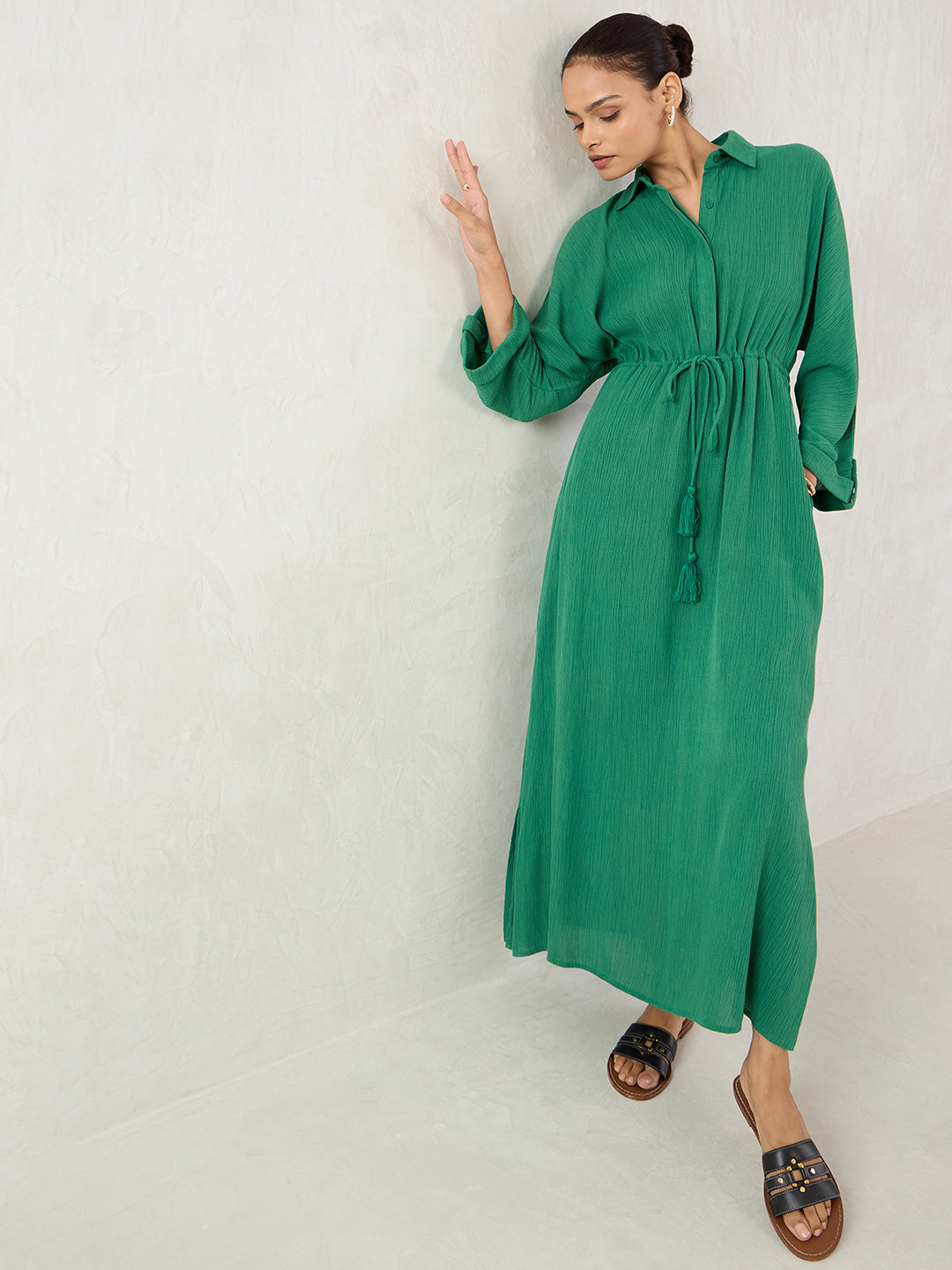 Green Crinkled Shirt Maxi Dress