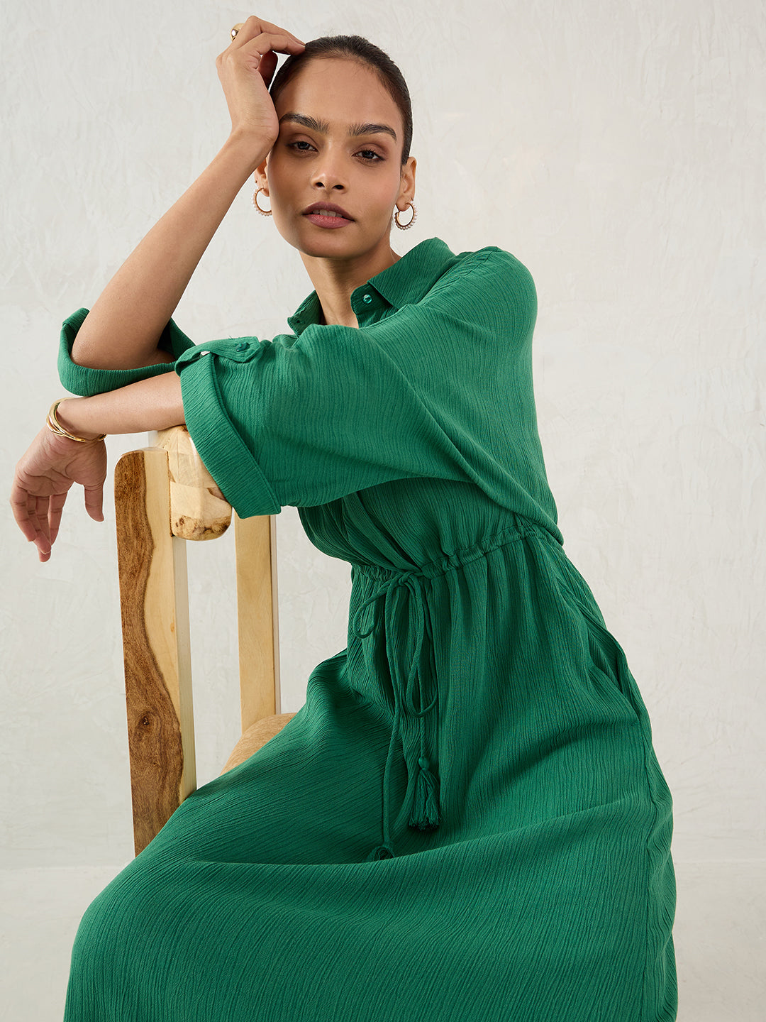 Green Crinkled Shirt Maxi Dress