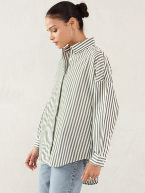 Olive And White Yarn Dyed Button Down Shirt