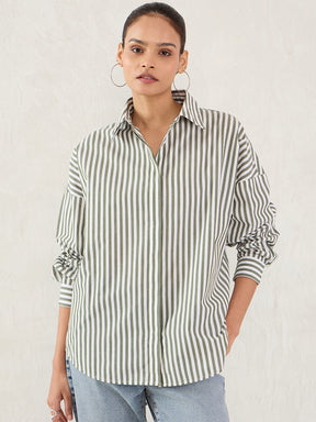 Olive And White Yarn Dyed Button Down Shirt